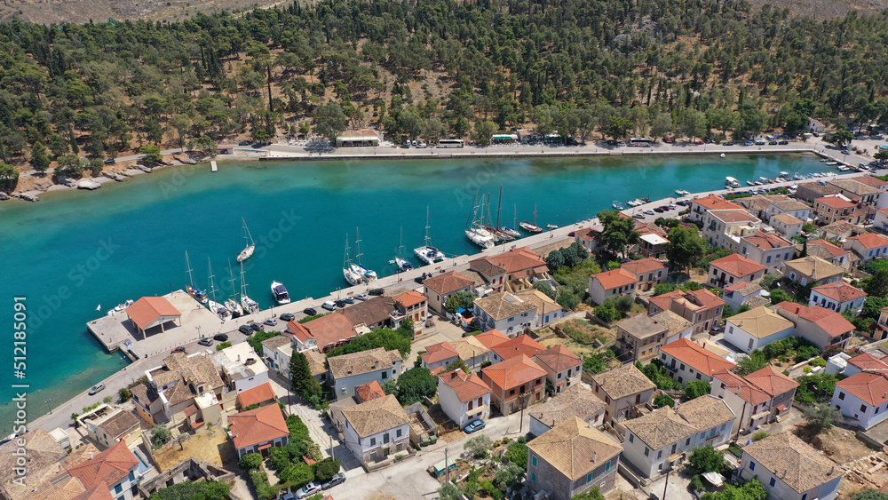 Obraz premium Aerial drone photo from famous and picturesque port of traditional historic village of Galaxidi, Fokida, Greece