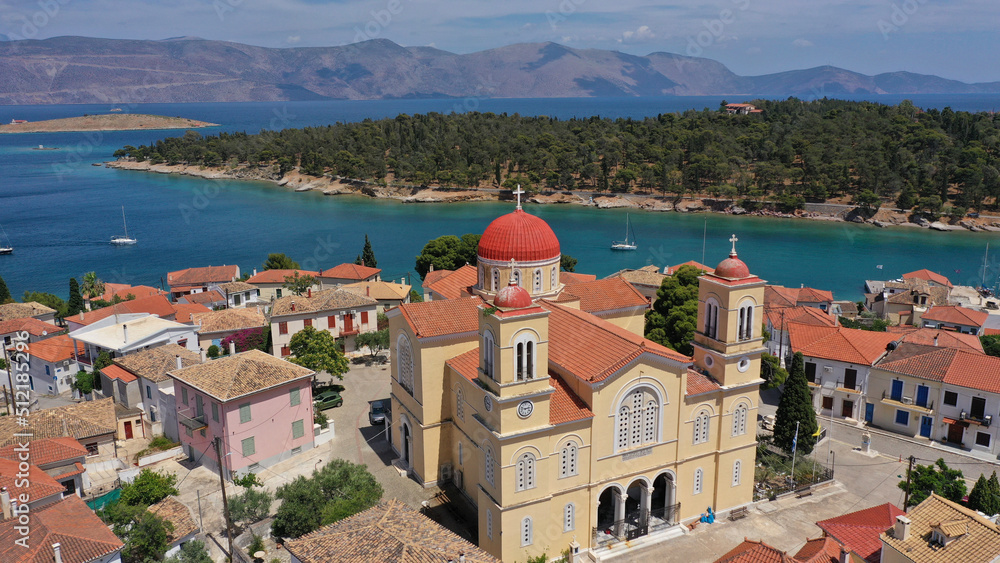 Aerial drone photo of landmark church of Agios Nikolaos in picturesque and historic village of Galaxidi, Fokida, Greece