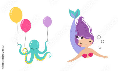 Cute Mermaid with Fish Tail and Octopus with Balloon Floating Underwater Vector Illustration Set