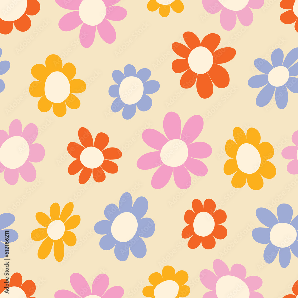Groovy seamless pattern with flowers on a light background. Bright vector wallpaper in the style of the 70s. Simple shaped flowers. Retro fabric print, kids clothes, home textile Groovy seamless pattern with flowers on a light background. Bright vector wallpaper in the style of the 70s. Simple shaped flowers. Retro fabric print, kids clothes, home textile