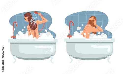 Young Female Bathing in the Bathtub Washing Hair and Body with Shampoo Vector Illustration Set