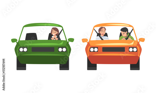 Man and Woman Character Driving Car Sitting on Driver Seat Inside Vehicle Front View Vector Set