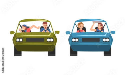 Man and Woman Character Driving Car Sitting on Driver Seat Inside Vehicle Front View Vector Set