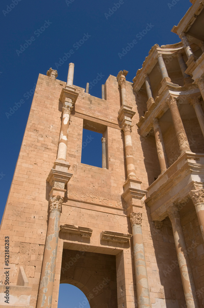 Low angle view of an amphitheater, Sabratha, Tripolitania, Libya Low angle view of an amphitheater, Sabratha, Tripolitania, Libya