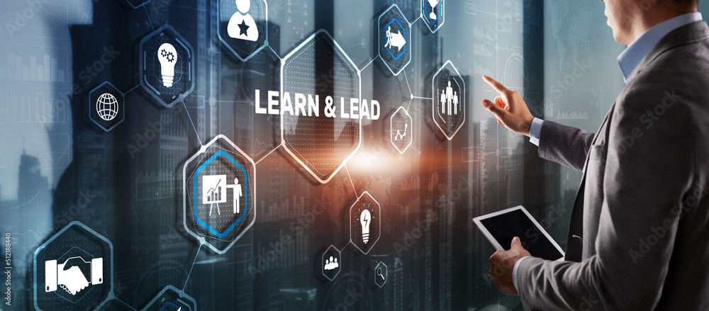 © Funtap - Learn and Lead. Businessman presses hand on the virtual screen inscription