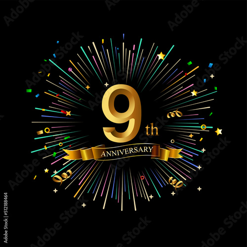 9th Anniversary celebration. Golden number 9th with sparkling confetti