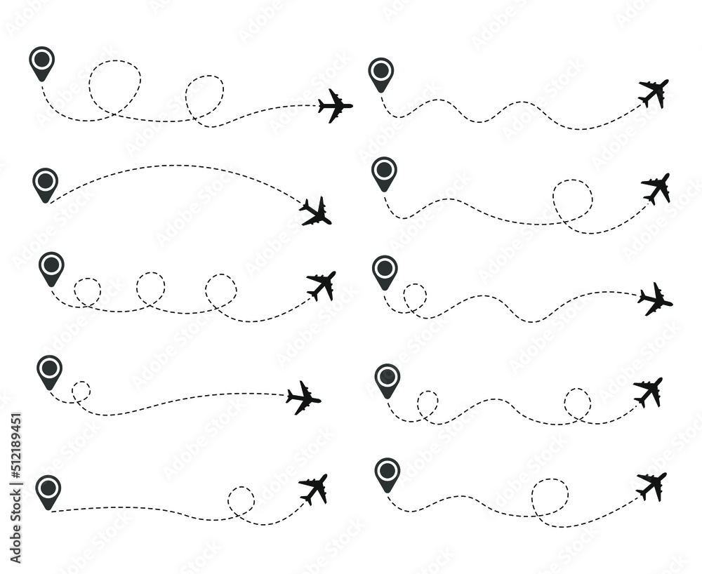 Set of dashed line airplane route with location icon Set of dashed line airplane route with location icon