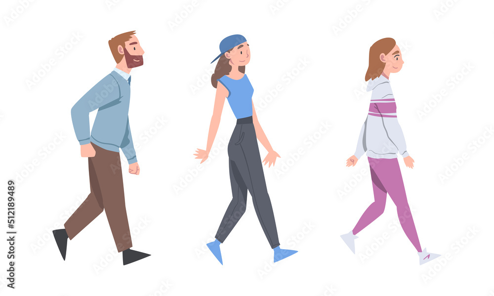 Walking Man and Woman Character Taking Steps Forward Side View Vector Illustration Set