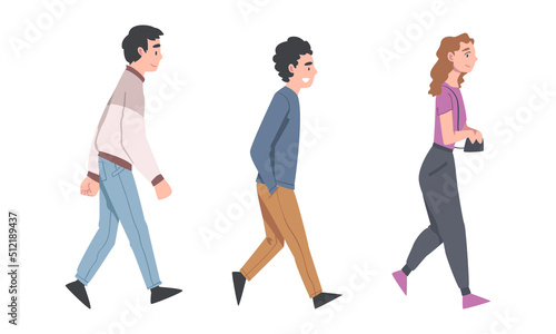 Walking Man and Woman Character Taking Steps Forward Side View Vector Illustration Set