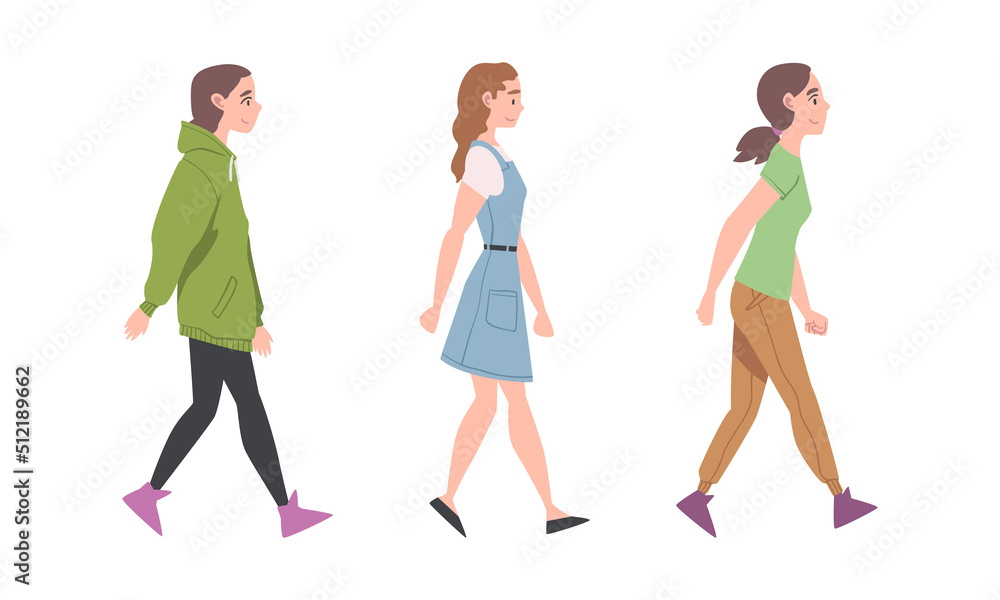 Fototapeta premium Walking Woman Character Taking Steps Forward Side View Vector Illustration Set
