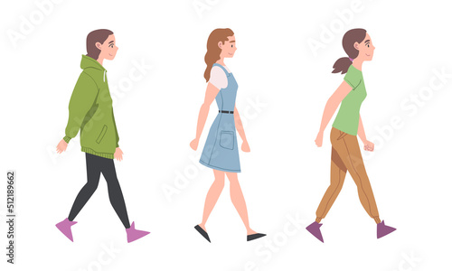 Walking Woman Character Taking Steps Forward Side View Vector Illustration Set