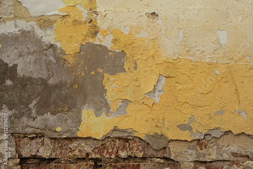 Peeling paint of grey-yellow color cement wall. abstract dirty stone wall texture background with cracks. template for design