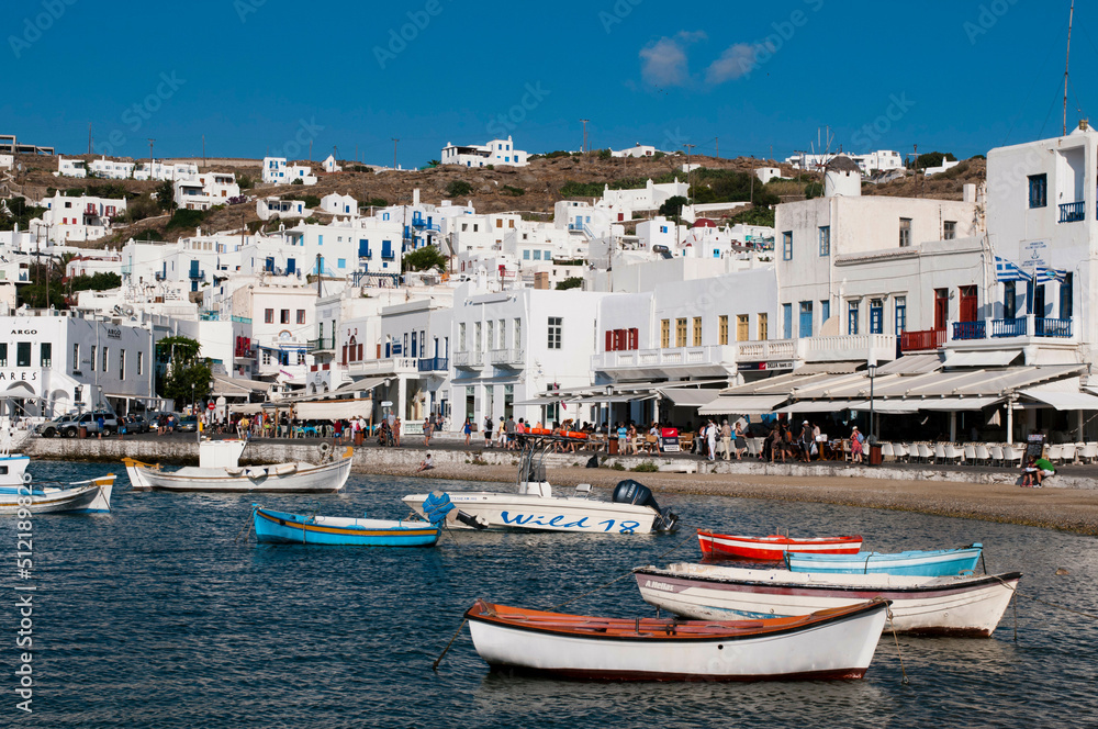 Boats moored at a harbor, Mykonos Town, Mykonos, Cyclades Islands, Greece