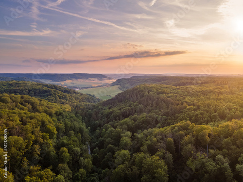 Luftaufnahme Wald  Wanderweg und H  gel im Sommer  Drohne 