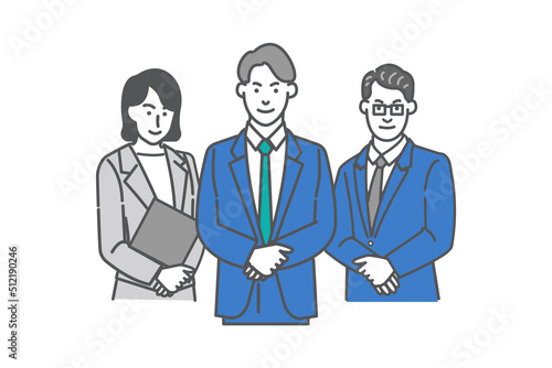 ビジネスマン３人の畏まった立ち姿の上半身の線画ベクターイラスト