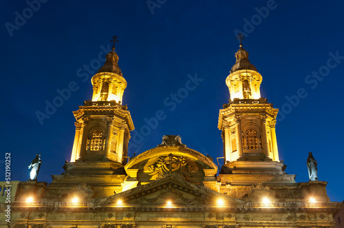 Chile, Santiago, Plaza de Armas, Metropolitan Cathedral at dusk photo