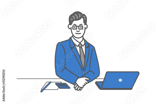 メガネをかけ仕事机に座る教授風の線画ベクターイラスト