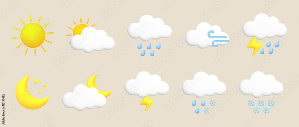 Sun, moon, star, lightning, cloud, rain, snow, wind, thunderstorm. Cute 3d cartoon weather icons set. Sun, moon, star, lightning, cloud, rain, snow, wind, thunderstorm. Cute 3d cartoon weather icons set.