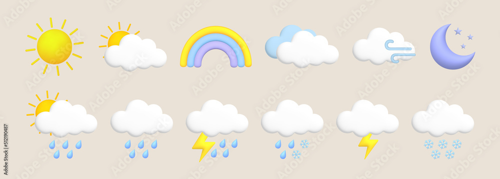 Sun, moon, rainbow, lightning, cloud, rain, snow, wind, thunderstorm. Cute 3d cartoon weather icons set. - obrazy, fototapety, plakaty 