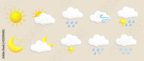 Sun, moon, star, lightning, cloud, rain, snow, wind, thunderstorm. Cute 3d cartoon weather icons set.