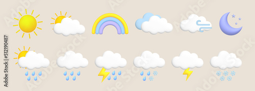 Sun, moon, rainbow, lightning, cloud, rain, snow, wind, thunderstorm. Cute 3d cartoon weather icons set.