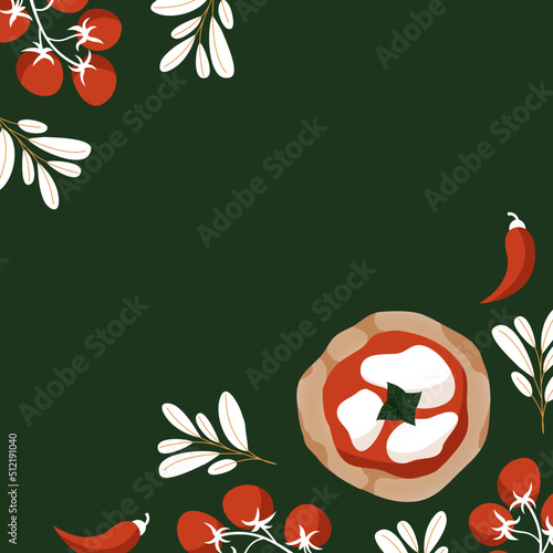 Italian pizza concept design template background for menu. Pizza Margherita with tomatoes and mozzarella isolated on the green background. Vector illustration. Italian cuisine