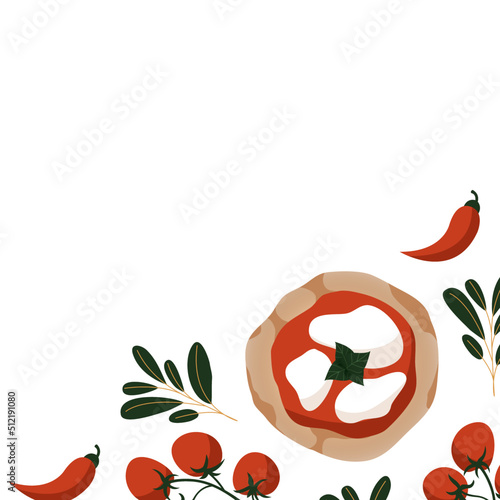 Italian pizza concept design template background for menu. Pizza Margherita with tomatoes and mozzarella isolated on the white background. Vector illustration. Italian cuisine