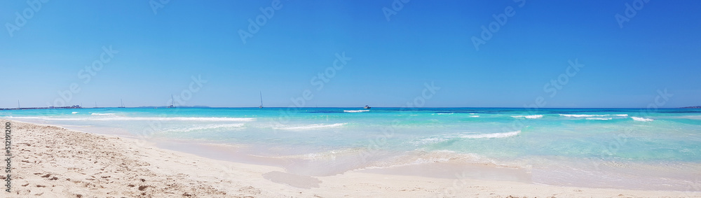 Panoramic view background beach with sea wave. Texture sand. Blue sky and azure coast. Gentle pastel colors. Relax atmosphere. Es trenc, Mallorca, Spain