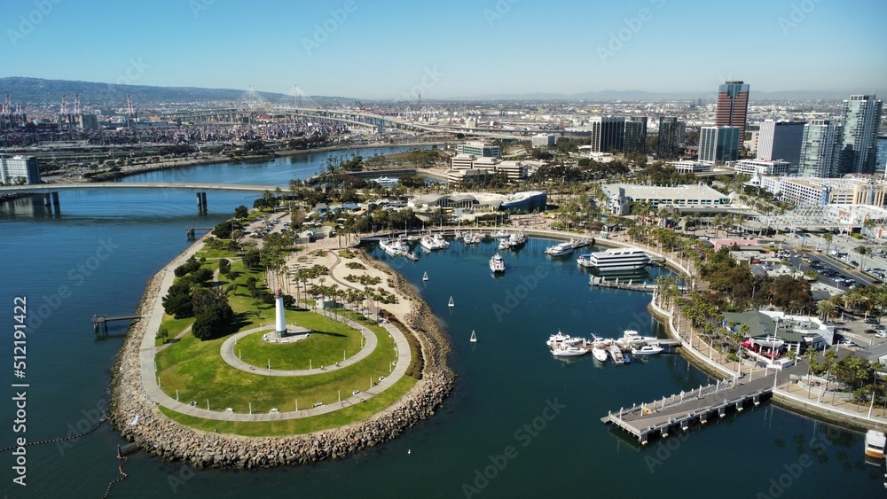 view of Downtown Long Beach Harbor, lighthouse and Buildings in California