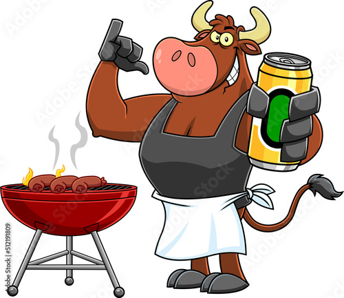 Bull Bbq Chef Cartoon Mascot Character Grilling Sausages Holding A Beer Can. Vector Hand Drawn Illustration Isolated On White Background