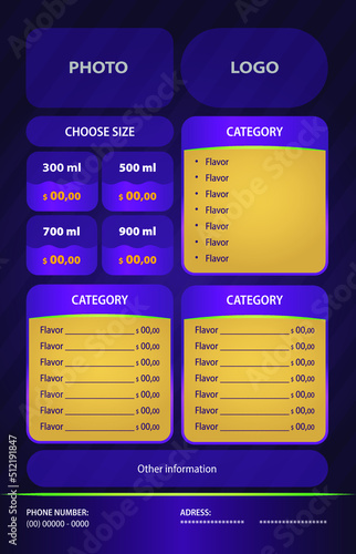 Menu for acai or vitamins. Menu for drinks. Price table for cafeteria, restaurant and similar. Menu with purple background and yellow details.