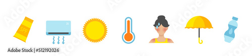 Summer icons set. How to protect yourself from heat and sun. Set of icons isolated on white background. Vector color clipart.