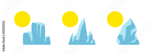 Sun and ice. Melting glaciers. Vector clipart isolated on white background. Set of colored icons.