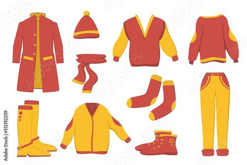 Autumn set of clothes in red and yellow, flat style. Vector image.