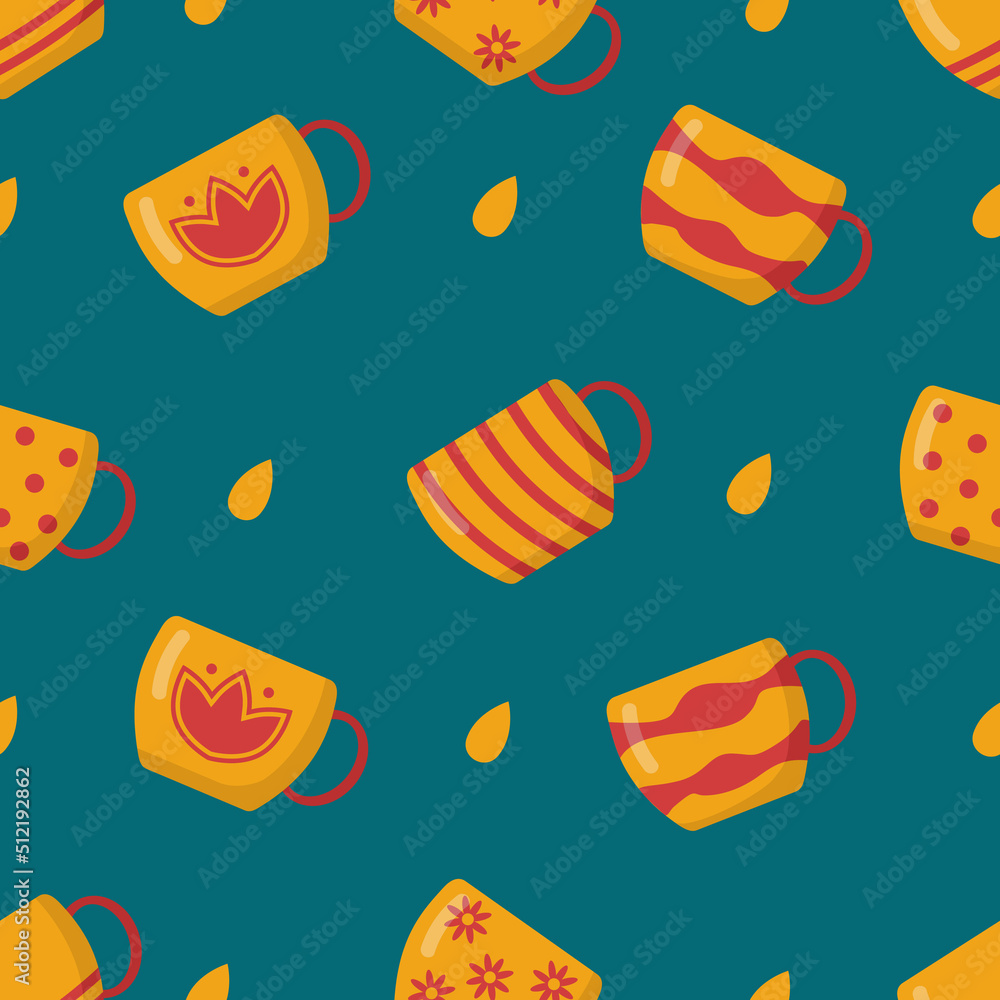 Pattern of yellow tea cups on a green background in a flat style. Vector image. Pattern of yellow tea cups on a green background in a flat style. Vector image.