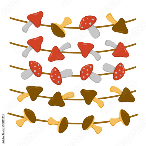 a set of mushrooms (red and brown) on a string in a flat style. Vector image.