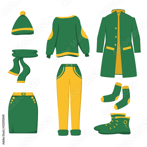Autumn set of clothes in green-yellow color in flat style. Vector image.