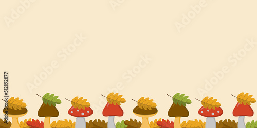 background of autumn different mushrooms and leaves in a flat style. Vector image.