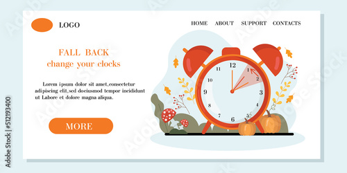 Daylight saving time concept web banner.Alarm clock  on the autumn leaves and pumpkins background. The reminder text - set clock back one hour. Vector illustration