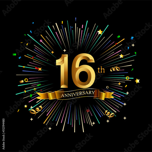 16th Anniversary celebration. Golden number 16th with sparkling confetti