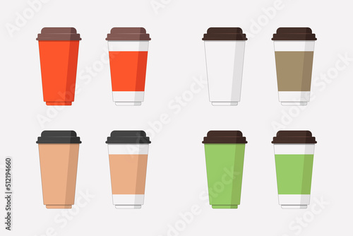Set of multicolored coffee glasses. Vector illustration, icons. Flat style.