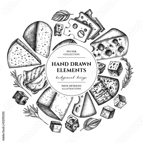 Cheese wreath design. Hand drawn brie, gouda cheese, roquefort, etc.
