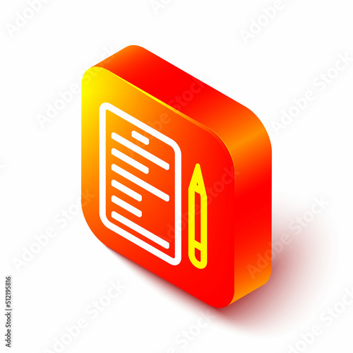 Isometric line Scenario icon isolated on white background. Script reading concept for art project, films, theaters. Orange square button. Vector