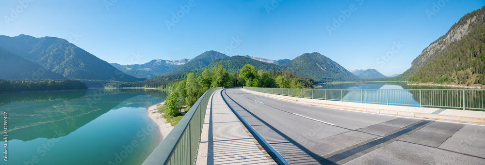 bridge over lake Sylvensteinsee, bavarian landscape, karwendel mountain view