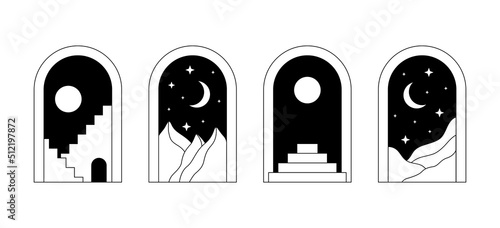 Boho linear doors staircases. Minimal black mystic line logo signs, bohemian window frames landscapes. Vector esoteric set