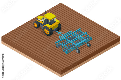 Isometric Agricultural Cultivator. A cultivator is a piece of agricultural equipment used for secondary tillage. Tractor preparing land with seedbed cultivator