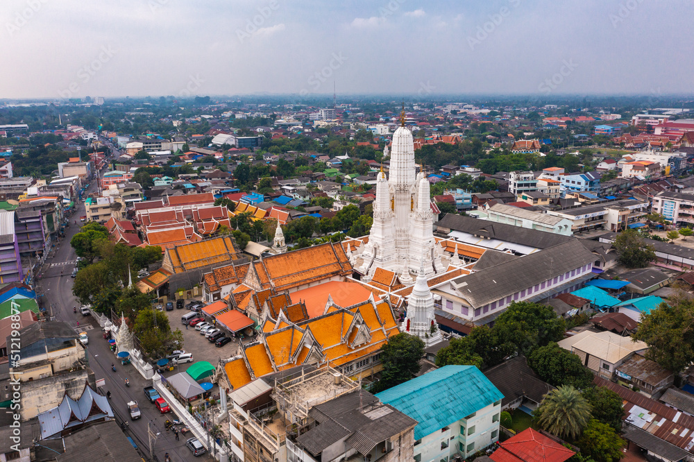 Aerial view of Wat Mahathat Worawihan, temple in Phetchaburi, Thailand