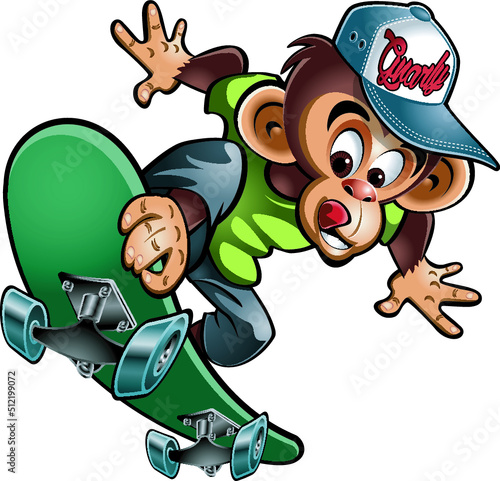 Cartoon style monkey duck riding on a skateboard