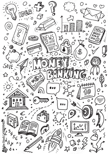 Money and banking hand drawn doodles, vector set on white background