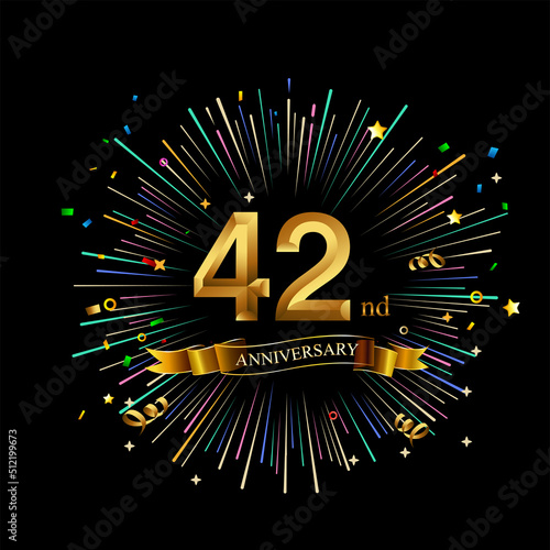 42nd Anniversary celebration. Golden number 42nd with sparkling confetti